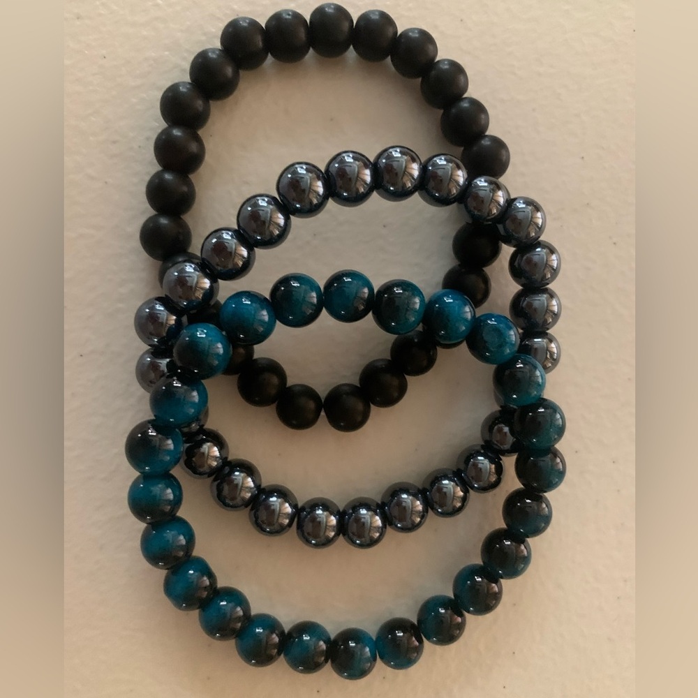 3- PCS Elegant Black and Blue Beaded Bracelet Set